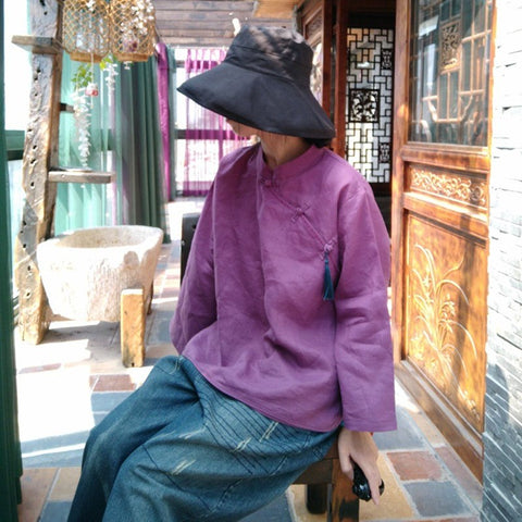 Summer New Purple Vintage Linen Blouses 2022 Women Stand Collar Nine Quarter Sleeve Chinese Style Plate Buckle Shirts