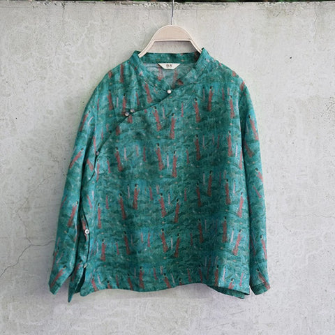 Vintage Print Tea Blouse 2022 Autumn Stand Collar Three Quarter Sleeve Button Loose Green Women Ramie Shirts