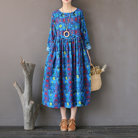 Women Chinese Style Dress Autumn 2022 New Linen Cotton Totem Print O-Neck Soft Vintage Full Sleeve Comfortably Dresses