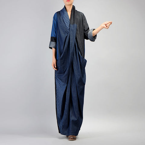 Women Denim Dress 2022 Fall Winter New Patchwork Cotton Robe V-Neck Vintage Women Casual Pockets Bandage Maxi Dresses