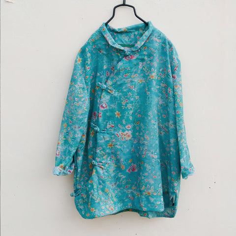 Women Print Floral Shirts Chinese Style Blouses 2022 Fall Turn Down Collar Vintage Tops Loose Button Women Shirts