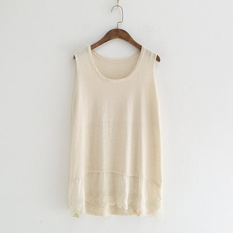 Women Solid Color Patchwork Sweep Embroidery Hollow Out Knit Camis 2022 Summer Sweet O-Neck Sleeveless 8-Color Camis