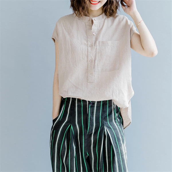 Women Stand Shirts And Blouses 2022 Summer New Solid Color Cotton Linen Casual Tops Button Chinese Style Women Shirts