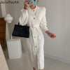 Joinyouth Chic Woman Dress Korean Knitted Robe Femme O-neck Bandage Slim Vestidos De Mujer Temperament Maxi Dresses with Belt