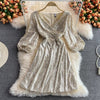 Joinyouth Temperament Party Dress Women Elegant Heavy Sequined Vestidos Mujer V-neck Lantern Sleeve Robe Mini Dresses