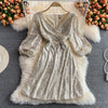 Joinyouth Temperament Party Dress Women Elegant Heavy Sequined Vestidos Mujer V-neck Lantern Sleeve Robe Mini Dresses