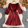 Joinyouth Temperament Party Dress Women Elegant Heavy Sequined Vestidos Mujer V-neck Lantern Sleeve Robe Mini Dresses