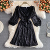 Joinyouth Temperament Party Dress Women Elegant Heavy Sequined Vestidos Mujer V-neck Lantern Sleeve Robe Mini Dresses