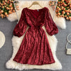 Joinyouth Temperament Party Dress Women Elegant Heavy Sequined Vestidos Mujer V-neck Lantern Sleeve Robe Mini Dresses