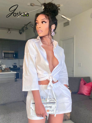 Joskaa Women Chic Shirt Shorts Suits Buttons Blouses+Pockets Shorts 2 Piece Sets Streetwear Summer 2023 Commuter Outfits