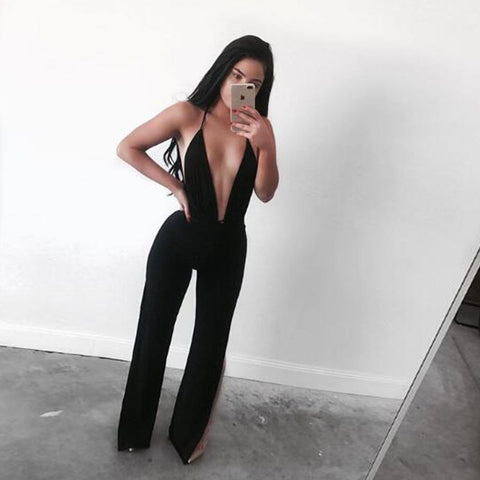New Sexy Women Jumpsuit Women Bandage V Neck Elegant Bodysuit Backless Split Wide Legging Woman Romper Overalls