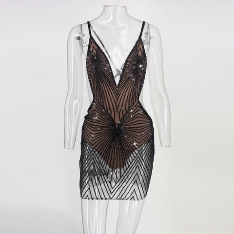 New Summer Sexy Dress Women Sequin Strap V Neck Mini Dress Backless Bodycon Elegent Dresses Woman Vestidos