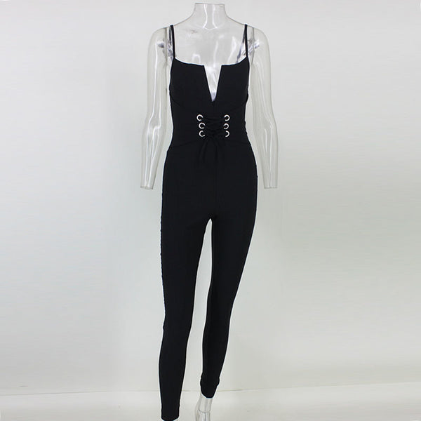 Deep V-neck Elegant Rompers Women Fashion Sexy Jumpsuit Sleeveless Skinny Ladies Long Solid Bodysuit S M L XL