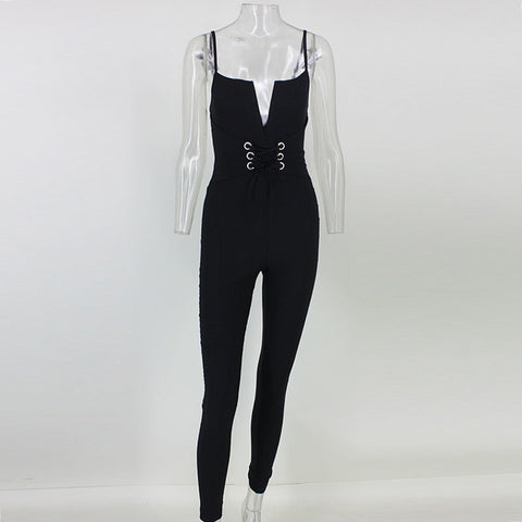 Deep V-neck Elegant Rompers Women Fashion Sexy Jumpsuit Sleeveless Skinny Ladies Long Solid Bodysuit S M L XL