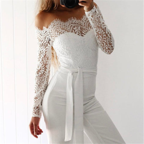 Elegant Off shoulder Lace Rompers Womens Summer Jumpsuit Sexy Ladies Casual Long Trousers Overalls White Jumpsuit 2022