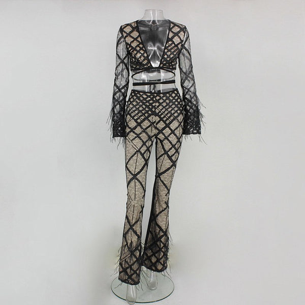 Fashion New Women Two Piece Sequined Jumpsuit Two Piece 2018 Sexy Feathers Tassel Rompers Club Party Bodycon Overalls