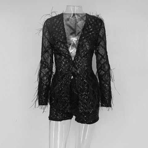 Long Sleeve Deep V Neck Sexy Jumpsuit Clubwear Black Sequin Jumpsuit Womens Rompers Pants Skinny Jumpsuit Female