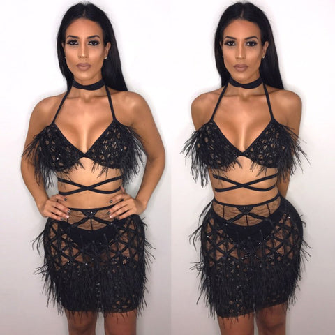 Newest Fashion Sequin Party Dress Women Feather Tassel Sexy Backless Bandage Women Black Dress Lady 2 Piece Dresses