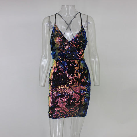 Sexy club strap backless mini dress women V neck sequin party dresses vestidos 2022 autumn skinny vintage short dress