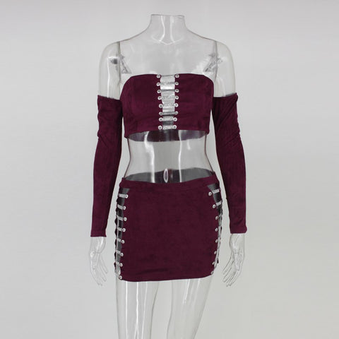Suede lace up sexy short dress women Backless strap Long Sleeve dress off the shoulder bodycon elegant dress winter