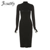 JuSaHy Elegant Knitted Solid Black Midi Dress for Women Turtleneck Long Sleeves Bodycon Side Slit Dress High Streetwear