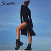 JuSaHy Elegant Knitted Solid Black Midi Dress for Women Turtleneck Long Sleeves Bodycon Side Slit Dress High Streetwear