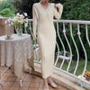 JulyPalette Elegant Ladies Long Knitted Dress Autumn Winter Long Sleeve Sweaters Knitted Dress Women Slim Maxi Knitting Robe