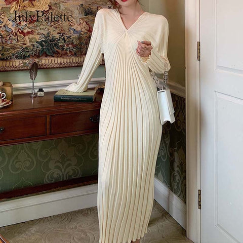 JulyPalette Elegant Ladies Long Knitted Dress Autumn Winter Long Sleeve Sweaters Knitted Dress Women Slim Maxi Knitting Robe