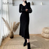 JulyPalette Solid Knitted Dress 2022 Fall Winter V-neck Slim Long Sleeve Dress Elegant Ladies Black Midi-length Sweater Dresses