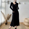 JulyPalette Solid Knitted Dress 2022 Fall Winter V-neck Slim Long Sleeve Dress Elegant Ladies Black Midi-length Sweater Dresses