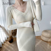 JulyPalette Solid Knitted Dress 2022 Fall Winter V-neck Slim Long Sleeve Dress Elegant Ladies Black Midi-length Sweater Dresses