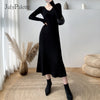 JulyPalette Solid Knitted Dress 2022 Fall Winter V-neck Slim Long Sleeve Dress Elegant Ladies Black Midi-length Sweater Dresses