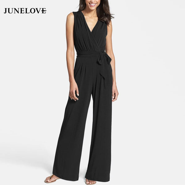 JuneLove 2022 spring women casual full length loose jumpsuits solid solid lace up wide leg playsuits sleeveless v neck playsuits