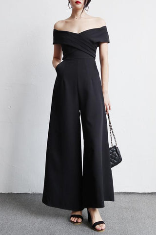 JuneLove 2022 spring women casual full length solid chiffon jumpsuits off shoulder elegant loose playsuits wide leg romper