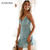 JuneLove 2022 spring women sexy lace hollow out mini a line dress spaghetti strap dress ruffles high waist V neck slim dress