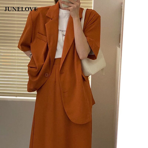JuneLove Blazers Sets Women Summer Thin Loose Pockets Outwear+High Waist Skirts 2 Pieces Sets Office Lady Korean Suits