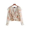 JuneLove sweet ruffles floral chiffon crop tops see through V neck long sleeve pleated blouse ladies summer shirts