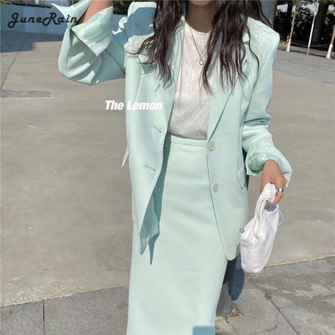 JuneRain 2022 Spring Suits Single Breasted Blazer+Midi Skirts 2 Pieces Sets Women Suits Office Lady Skirt Suits Korean Fashion