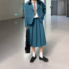 JuneRain Autumn Women Elegant Blue Notched Blazer+Pleated Skirt Set Lady Midi Skirts Single Botton Blazer Preppy Style 2pc Suits