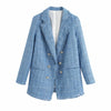 JuneRain tweed women elegant blue blazers ladies vintage loose blazer jackets casual female streetwear suits girls chic