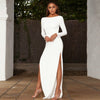 Justchicc Autumn White Bodycon Maxi Dress Women Split Long Sleeve High Split Backless Dress Winter Female Sexy Party Dress 2023