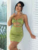 Justchicc Patchwork Ruched Solid Date Mini Dress For Women Lace Up Hollow Out Bodycon Dresses Backless V Neck Sexy Party Vestido