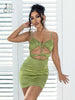 Justchicc Patchwork Ruched Solid Date Mini Dress For Women Lace Up Hollow Out Bodycon Dresses Backless V Neck Sexy Party Vestido