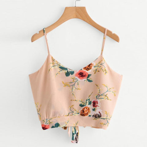 tops T-Shirt high quality Self Tie Back V Neck Floral Print Crop Cami Camisole t-Shirt summer tops for women 2022MA7