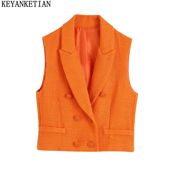 KEYANKETIAN 2023 Textured Short Sleeveless Vest Jacket Double Breasted Slim Fit Suit Collar Vest Ladies Short Orange