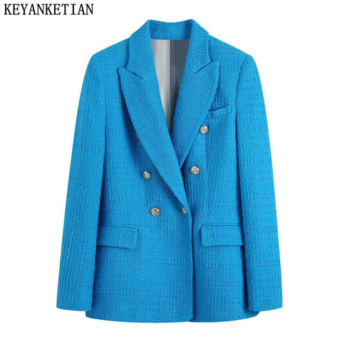 KEYANKETIAN Textured Blue Blazer Ladies Double Breasted Tweed Jacket Ladies Spring Long Sleeve Jacket Elegant Ladies Blazer