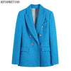 KEYANKETIAN Textured Blue Blazer Ladies Double Breasted Tweed Jacket Ladies Spring Long Sleeve Jacket Elegant Ladies Blazer