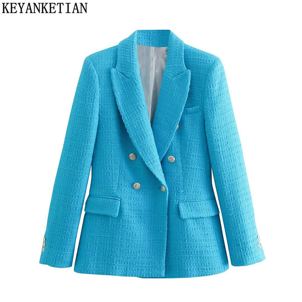 KEYANKETIAN ZA 2023 Textured Blue Blazer Ladies Tweed Jacket Ladies Spring Long Sleeve Jacket Elegant Ladies Blazer