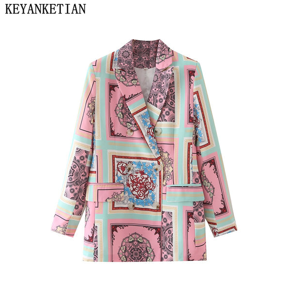 KEYANKETIAN ZA female geometric print double-breasted blazer retro jacket long-sleeved jacket chic female dress femme
