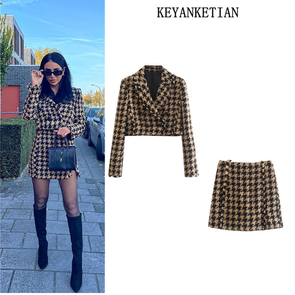 KEYANKETIAN ZA Plaid Blazer Ladies Cropped Tweed Jacket Ladies Fall Texture Ladies Blazer Set Long Sleeve Button Down Jacket
